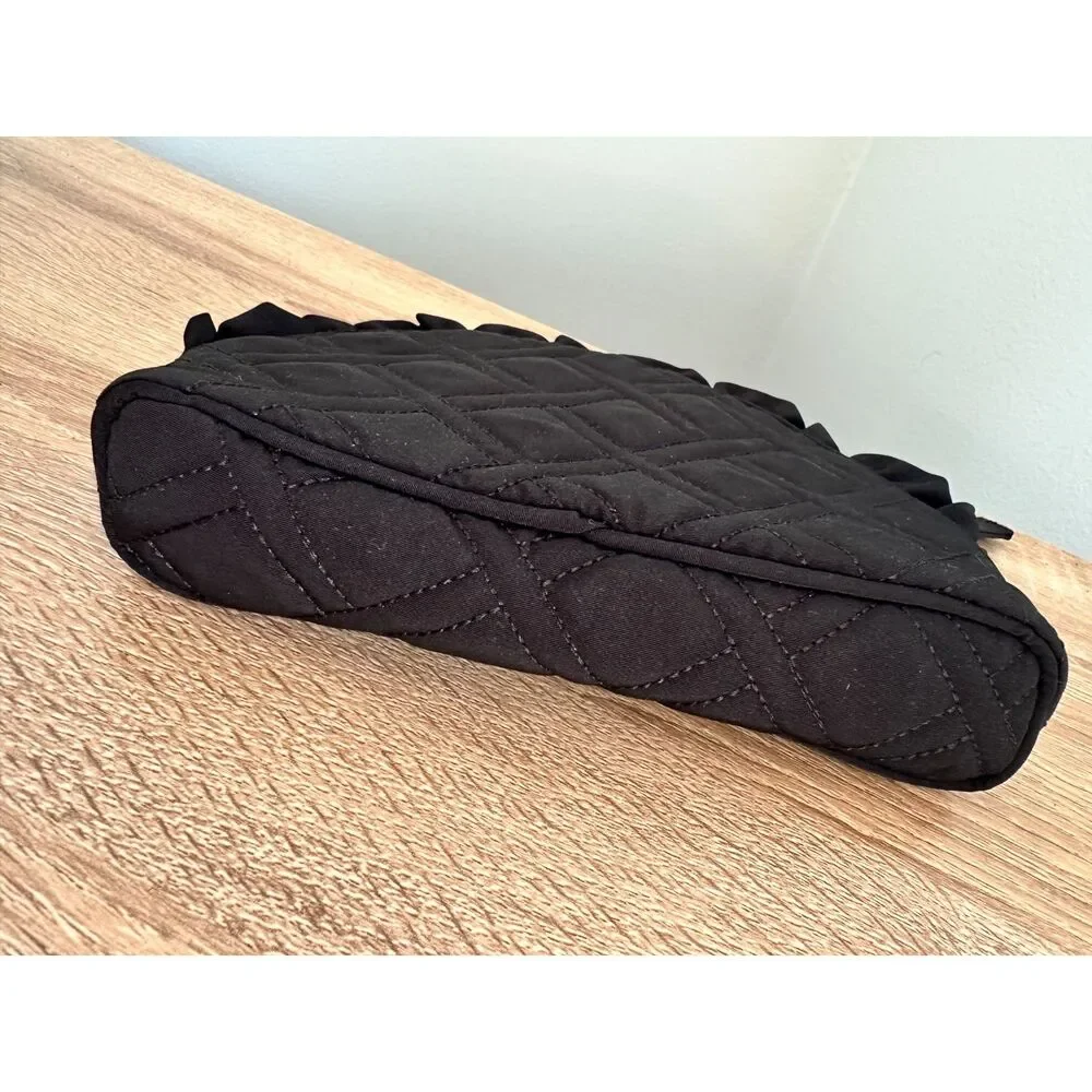 Vera Bradley Black Quilted Ruffled Cosmetics Makeup Bag Beauty Travel Pouch